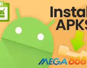 Android mascot install icon, APK file icon, and Mega888 text on an orange background