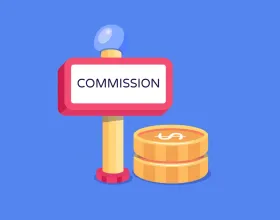 Commission reward graphic with coins and a commission sign on blue background.