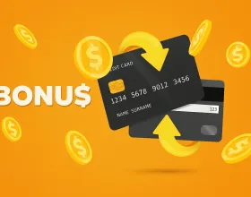 Bonus promotion graphic with orange background, floating gold coins, and two black credit cards showing arrows for transaction rewards.