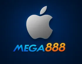 Apple logo with Mega888 text on a blue background