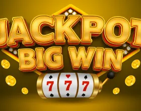 Jackpot Big Win graphic with golden 3D text, spinning slot machine showing 777, and gold coins on a glowing background.