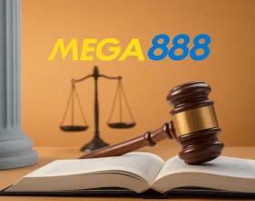 Mega888 logo above a legal scene with a gavel, law book, and justice scales.
