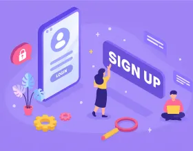 Illustration of login and sign-up on a purple background.