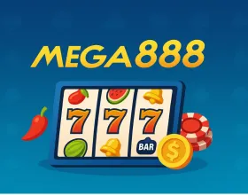 Mega888 logo above a cartoon slot machine showing 777 fruit symbols