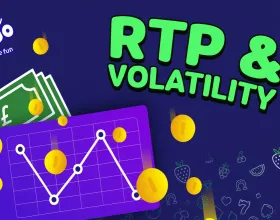 Illustration showing RTP and volatility with falling coins, graph chart, and gaming icons on a purple background.