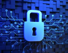 Blue digital padlock with circuit lines representing data security and encryption.