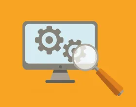 Computer screen with gears and magnifying glass symbolizing troubleshooting.