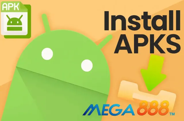 Android mascot install icon, APK file icon, and Mega888 text on an orange background