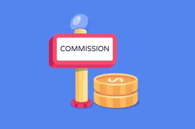 Commission reward graphic with coins and a commission sign on blue background.
