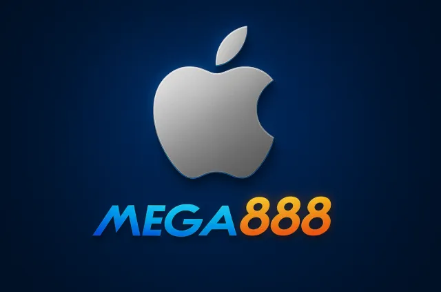 Apple logo with Mega888 text on a blue background