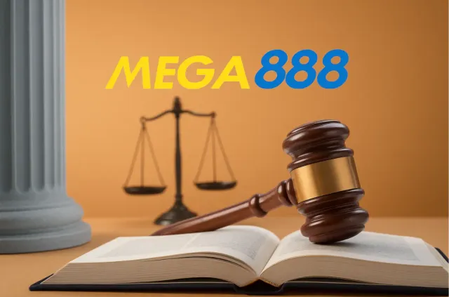 Mega888 logo above a legal scene with a gavel, law book, and justice scales.
