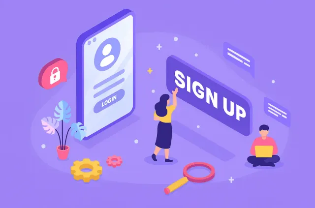 Illustration of login and sign-up on a purple background.