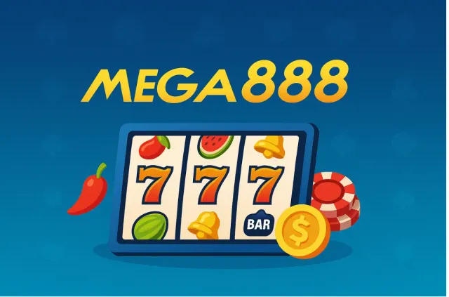 Mega888 logo above a cartoon slot machine showing 777 fruit symbols