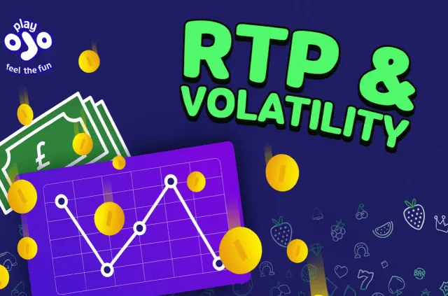Illustration showing RTP and volatility with falling coins, graph chart, and gaming icons on a purple background.