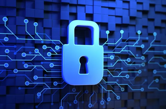 Blue digital padlock with circuit lines representing data security and encryption.