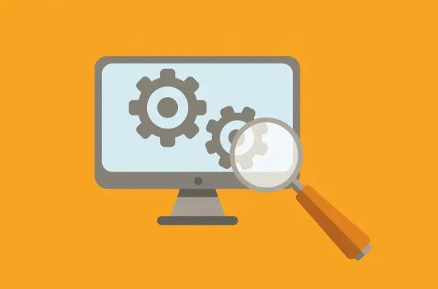 Computer screen with gears and magnifying glass symbolizing troubleshooting.
